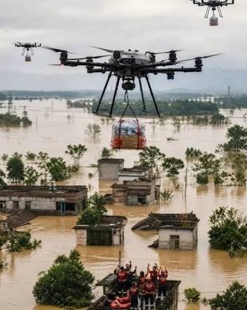 UAV base stations providing communication coverage over a flood disaster-response area